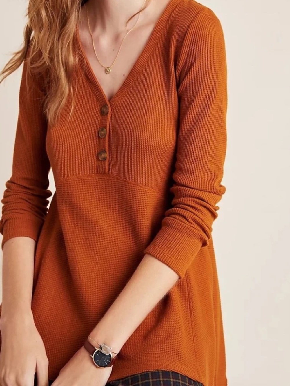 Anthropologie Waffle-Knit Henley Tunic in Rust